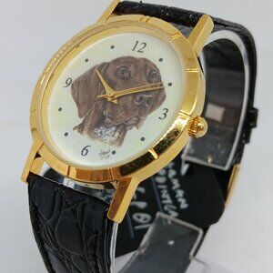 German Pointer 33mm Women's Gold Tone Black Leather Band Dog Watch